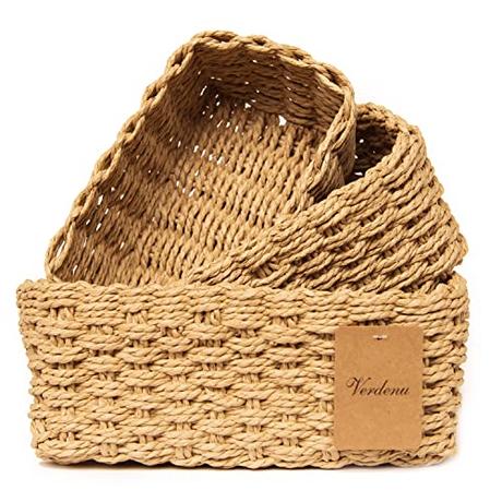 Verdenu Juego de 3 Cestas Almacenaje de Mimbre, en Forma de Cubo de Cuerda de Papel Reciclable, para Baño, Bodas, Cajones, Mesas, Cómodas, Cocinas, Salones