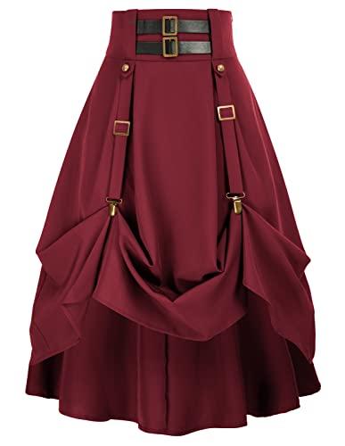 SCARLET DARKNESS Falda renacentista para mujer, longitud hasta la rodilla, con hebilla y correa, falda gótica, borgoña, M