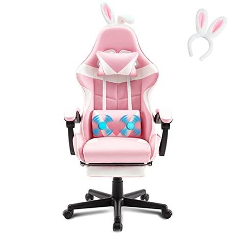 Soontrans Silla Gaming con Masajeador, con Cojín Lumbar de Masaje & Reposapiés & Reposacabeza & Diadema, para Gaming Youtube Livestreaming Playstation (Rosa)