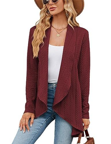 Migcaput Ladies Cardigan Chaqueta de punto de manga larga Chaqueta de punto lisa y ligera Chaqueta de punto abierta Chaqueta de punto fina y elegante Vino tinto S