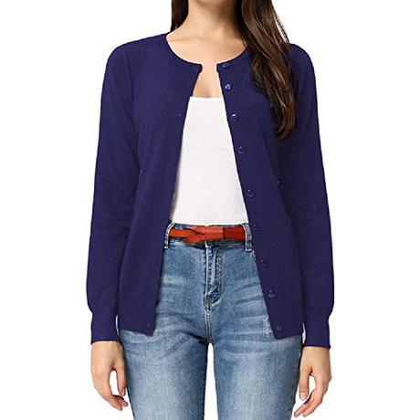 Cárdigan De Mujer Manga Larga Frente Abierto Cuello Redondo con Botones Primavera Primavera Azul L