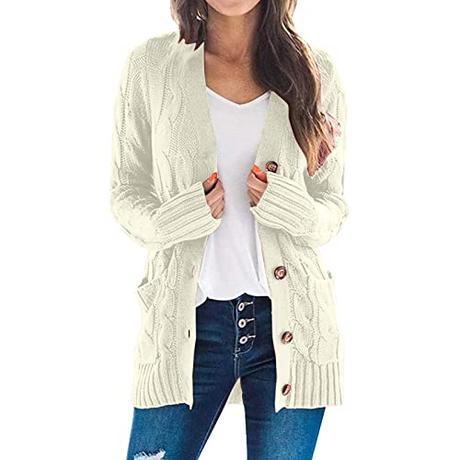 Ghemdilmn - Chaqueta de punto ligera para mujer, color liso, manga larga, beige, M