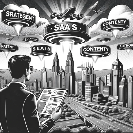 DALL·E 2023 10 31 11.26.48 Photo of a black and white retro futuristic comic style image showcasing a futuristic city skyline with hovering billboards advertising SaaS products