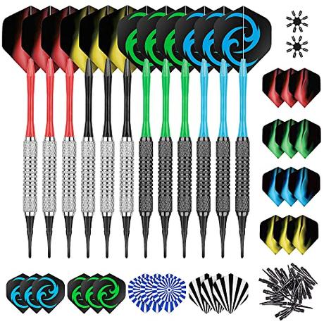 CareGames 12 Dardos Punta Plastico para Dianas electrónicas,Dardos Diana Electronica de Profesionales+24 Plumas de 8 Patrones+50 Puntas+2 Protectores de Plumas,Dardos de plástico