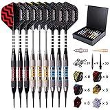 Dardos Punta de Plastico para Diana Electrónica Dardos Diana Electronica de Profesionales con 9 Piezas de 18 Gramos con 50 Puntas de dardo adicionales 20 Anillos de Goma 27 Plumas 9 Ejes de PC