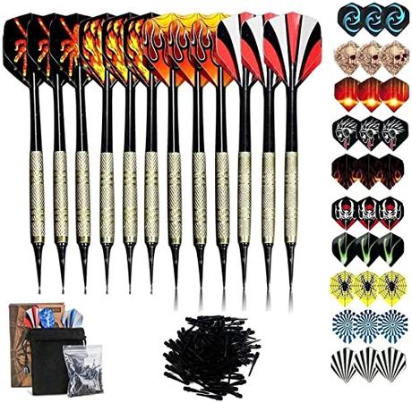 Sinwind 12 Dardos Punta Plastico para Diana Electrónica, Dardos Diana Electronica de Profesionales + 42 Plumas de 14 Patrones + 100 Puntas (16 Gramos)