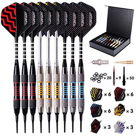 Dardos Punta de Plastico para Diana Electrónica Dardos Diana Electronica de Profesionales con 9 Piezas de 18 Gramos con 50 Puntas de dardo adicionales 20 Anillos de Goma 27 Plumas 9 Ejes de PC