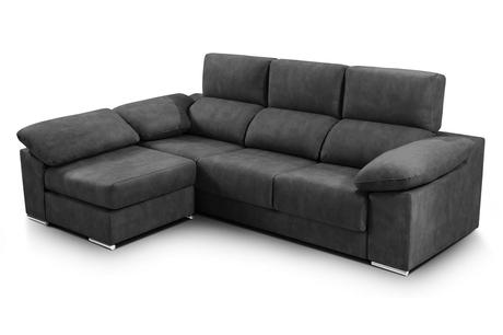 Sofá chaise longue reversible con puf, tela gris oscuro