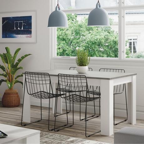 Medidas de mesa de comedor: ¿Cómo elegir la mesa adecuada? Mesa de comedor extensible, hasta 6 posibles comensales, 4 soportes, Blanco-cemento - Alarilla