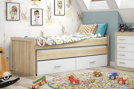 Cama nido juvenil 90 x 190 más 90 x 180 cm con 2 cajones, roble blanco