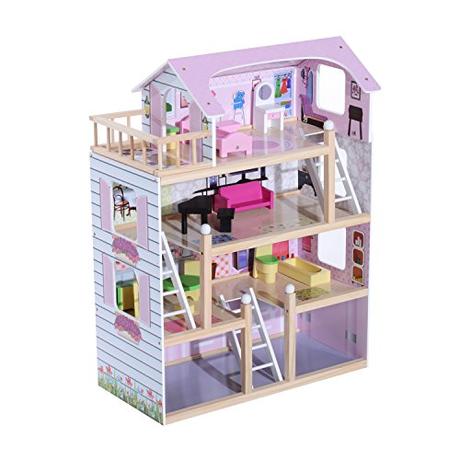 Casa de Muñecas con Muebles Mobiliario Casita Muñeca Jueguetes Madera Color Rosa