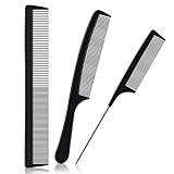 URAQT Peine de Peluquería de Fibra de Carbono, Set de 3 Piezas Peine de Pelo de Antiestático, Peines de Dientes Finos Profesionales, Peines de Cola de Peluquero para Corte y Peinado (Negro)