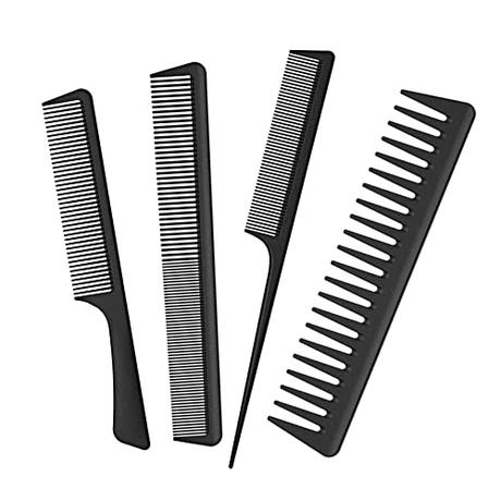Jaimela 4 Piezas Peine de Peluquería Negro, Peine de Dientes Anchos, Peine de Carbono Peines de Peluqueria Profesional, Peine Antiestático, Peine de Resistente al Calor para Corte y Peinado