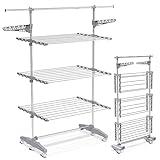 VOUNOT Tendedero de Ropa Plegable Vertical, Tendedero Tipo Torre de plástico Ruedas y 3 Niveles, para Interior y Exterior