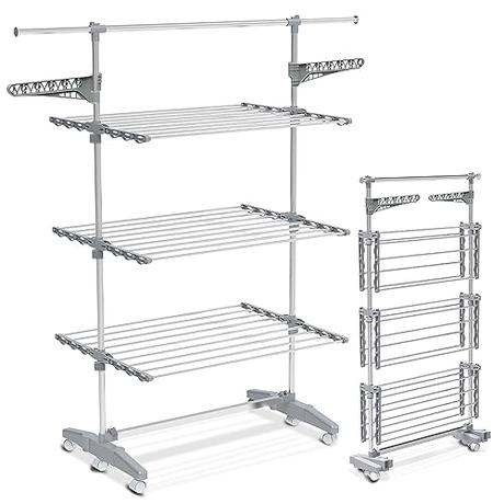 VOUNOT Tendedero de Ropa Plegable Vertical, Tendedero Tipo Torre de plástico Ruedas y 3 Niveles, para Interior y Exterior