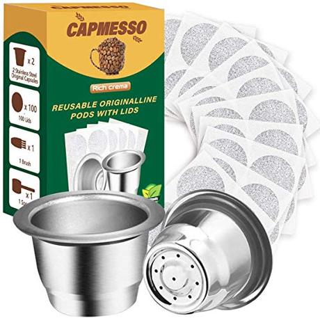 CAPMESSO Cápsula de Café Reutilizables,Capsulas Reutilizables Cápsula café acero inoxidable Compatible con Nespresso OriginalLine (2 Cápsulas+100 Tapas)