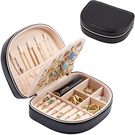 Procase Organizador de Joyas Portátil, Joyero Pequeño para Viaje Caja Joyería para Mujer Chica Guarda Anillos Pendientes Pulseras -Negro