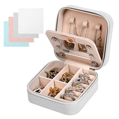 Aucuu Joyero Pequeña, Joyero Viaje con Espejo, Portátil Jewelry Organizer para Mujer, Joyero Pequeño para Mujeres, Cajas Pequeño para Joyas para Anillos, Pendientes, Collares, Pulseras, Aretes-Beige