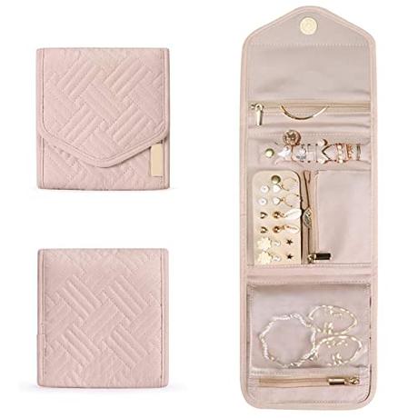 Weigudoc Bolsa Rollo de Joyas, Organizador para Joyas de Viaje, Plegable Enrollable Joyería Estuche, Portáti Bolsa Almacenamiento para Anillos, Pendientes, Collares, Relojes, Pulseras, Broches(Rosa)