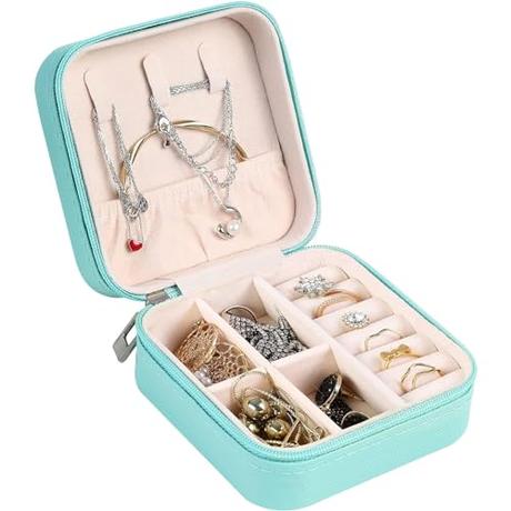 AiQInu Estuche Joyero Pequeño, Doble Capa Joyero de Viaje para Mujeres, Portátil Jewelry Organizer, Joyero Organizador de Viaje de Cuero PU para Anillos, Pendientes, Collar (Azul)