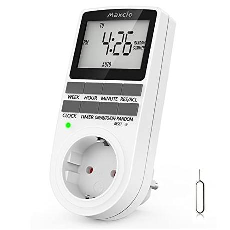 Temporizador Enchufe Digital Programable, Maxcio Programador Enchufe Semanal con Pantalla LCD Grande, Función de Horario de Verano y Aleatoria, Ahorrar Energía y Dinero, 16A / 3680W Máx. (1 Pack)