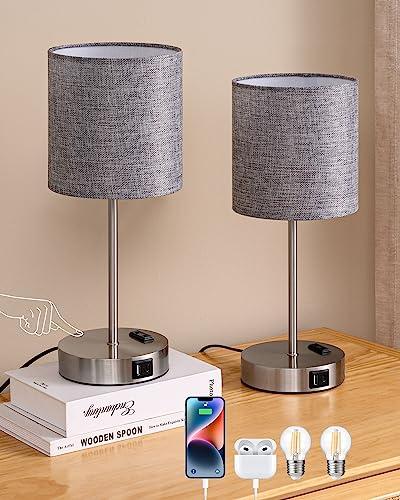 EDISHINE Lámpara de Noche LED Regulable Táctil, 2 Lámparas de Mesa Modernas, 2 USB de Carga, para Decoración, Dormitorio, Salón, Alféizar de Ventana, Regalo, Gris