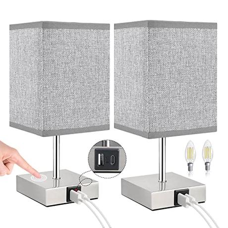 Lovebay Lámpara Mesilla Noche Lino Táctil, Con puertos de carga USB Type C, Lámpara de Mesa Regulable, Lámpara de Noche, Luz Nocturna Moderno para Escritorio, Sala, Dormitorio, Oficina, Habitación