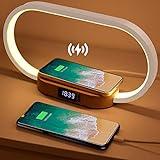 Wanjiaone Lámpara led de Mesita de Noche, Cargador Inalámbrico 10W y USB, Táctil Regulable con 3 Niveles de Brillo, Lámpara Moderna con Reloj para Escritorio, Dormitorio