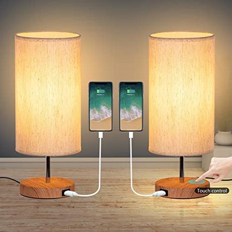 GLUROO 2 Piezas Lámparas de Mesa con Control Táctil, Base de Madera, 3 Temperaturas de Color y Brillo Continuo, Puertos de Carga USB, LED Bombillas* 2 para Sala de Estar, Habitación de Niños,Oficina