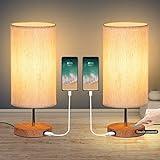 GLUROO 2 Piezas Lámparas de Mesa con Control Táctil, Base de Madera, 3 Temperaturas de Color y Brillo Continuo, Puertos de Carga USB, LED Bombillas* 2 para Sala de Estar, Habitación de Niños,Oficina