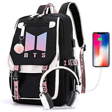 KPOP BTS School Backpack Merchandise, Cuenta con USB y Audio Cable Romper, Adecuado para Los Estudiantes, BTS Mochilas Portátiles y Mochila Casual