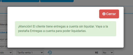 Aviso de entregas a cuenta pendiente de liquidar