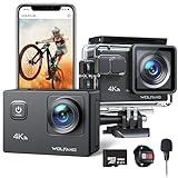 WOLFANG Cámara Deportiva GA100 con 64GB MicroSD 4K 30FPS 20MP Cámara Subacuática Impermeable 40M, Videocámara WiFi con Micrófono Dual, 170° Gran Angular, EIS Antivibración, Varios Accesorios