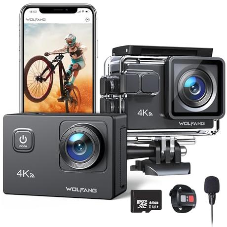 WOLFANG Cámara Deportiva GA100 con 64GB MicroSD 4K 30FPS 20MP Cámara Subacuática Impermeable 40M, Videocámara WiFi con Micrófono Dual, 170° Gran Angular, EIS Antivibración, Varios Accesorios