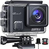 Surfola Cámara Deportiva 4K 30FPS - 20MP WiFi Camara Acuatica Sumergible 40M, Videocámara de Casco, EIS Antivibración, 170° Gran Angular, 2.4G Remoto, Micrófono Externo, 2 Baterías de 1050mAh, SF230