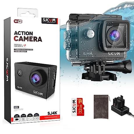 SJCAM SJ4K Cámara Deportiva 4K 30FPS,40MP WiFi Camara 170°Gran Angular, 2.4G Remoto,Control Remoto EIS Mejorado, Cámara Acuática Sumergible de 30M/98ft con 2 Baterías y Accesorios Kit