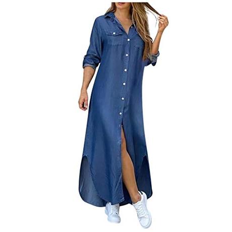 Vestido Largos de Manga Larga con Botones Mujer Bohemio Verano Nacional Fiesta Casual Cuello en V Costura Wrap Maxi Vestidos Chic de Noche Playa Vacaciones Cóctel Falda Larga Talla Grande(E Azul,M)