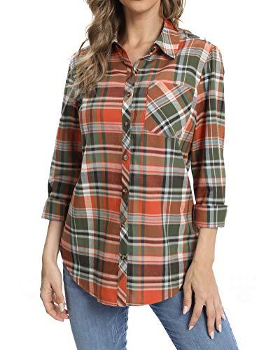 fuinloth Blusas y Camisas para Mujer Camisa Cuadros Abrigo Franela Manga Larga Botones Blusa con Cuello en V Verde S 36-38