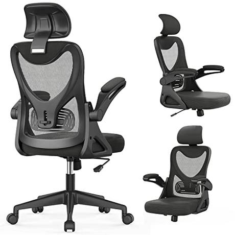 Silla de oficina ergonómica con soporte lumbar y reposabrazos y reposacabezas ajustables, sillón de ordenador giratorio con respaldo alto cómodo para oficina en casa, color negro