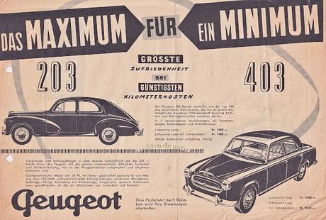 Peugeot 203 y 403 en una vieja publicidad de la revista Auto