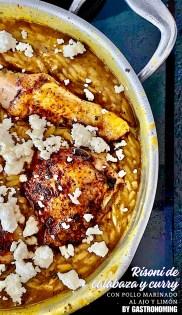 Risoni de calabaza y curry con pollo marinado al ajo y limón