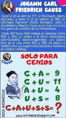 Grandes matemáticos, Matemáticos, Genios matemáticos, Desafío matemático, Reto matemático, Problema matemático, Pasatiempo, Gimnasia matemática, Juegos mentales, Juegos virales, Juegos matemáticos, Talleres matemáticos, Juego de letras, Juego de palabras, Alfamética, Criptoaritmética, Solo para Genios, Piensa rápido