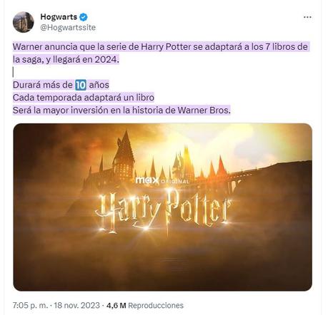 Warner anuncia que la serie de Harry Potter se adaptará a los 7 libros de la saga, y llegará en 2024
