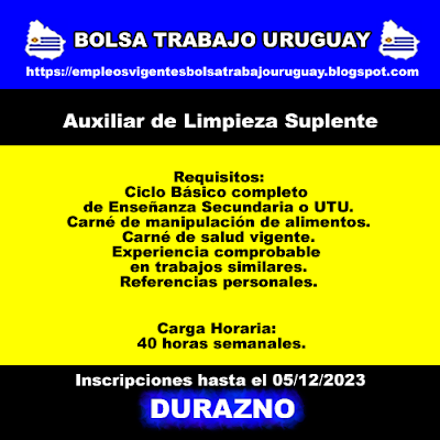 Auxiliar de Limpieza Suplente(Durazno) Auxiliar de Limpieza Suplente(Durazno)