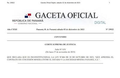 Gaceta Oficial el fallo de la Corte Suprema de Justicia que declara la inconstitucionalidad de la Ley 406
