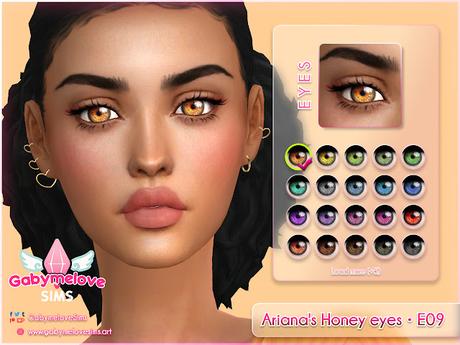 Sims 4 CC | Eye colors: Ariana's Honey eyes • E09, contact lenses | Gabymelove Sims | custom content, contenido personalizado, mod, mods, CAS, CUS, Create a sim, Crear un sim, ojo, ojos, color, colores, miel, lentes de contacto, lentillas, pupilenses