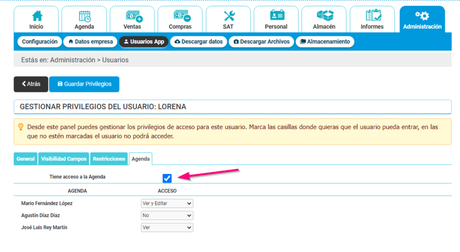 Dar privilegio a un usuario a las agendas de los trabajadores
