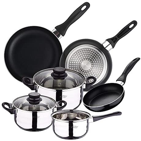 San Ignacio PK329 Set Juego de Tres sartenes + Batería de Cocina 5 Piezas, Cromado