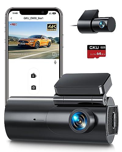 GKU Dashcam Cámara Coche 4K/2.5K,Doble WiFi Dash CAM Coche con Tarjeta SD de 64GB,Camara Coche Grabadora,170° Gran Angular,Visión Nocturn,WDR,Sensor G,Monitor de Aparcamiento 24H,Grabación en Bucle