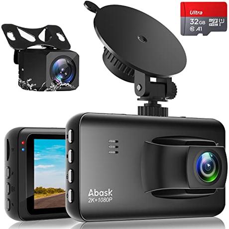 ABASK Dashcam Cámara Coche 2K 1440P+1080P, Camara Vigilancia Coche Aparcado con Detección de Movimiento, Asistente de Inversión, G-Sensor, Grabación de Bucle, Visión Nocturna, WDR, hasta 256GB